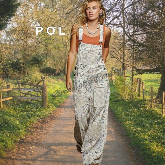 POL Floral Denim Boho Crochet Patchwork Flare Leg Suspenders Strap Jean Overalls - Picture 9 of 12